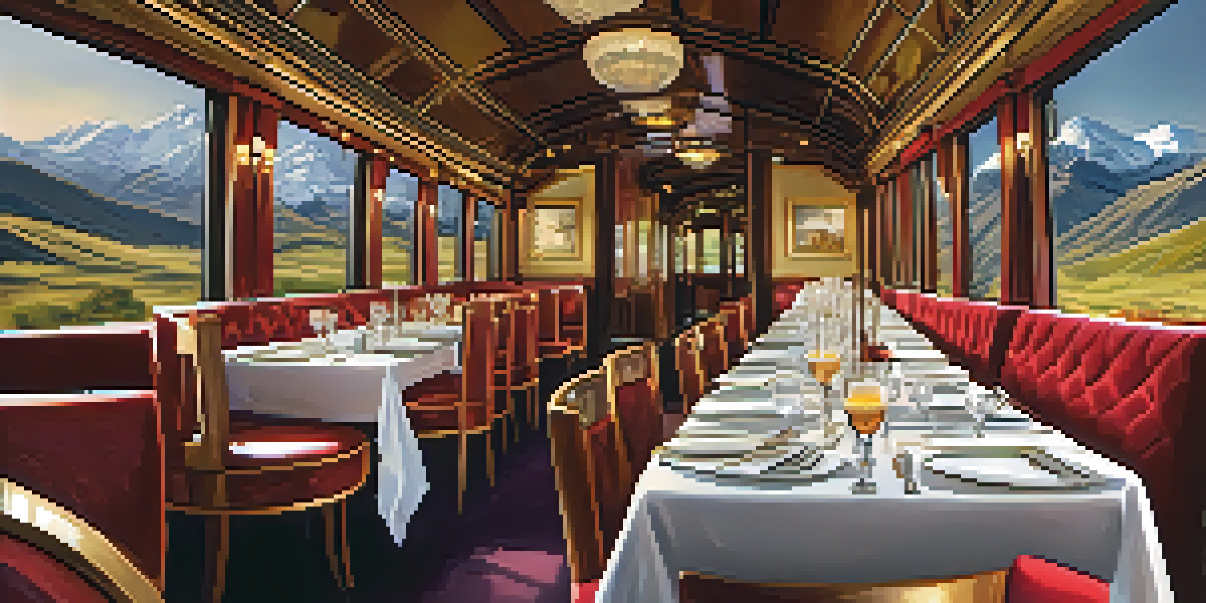 An elegant dining area inside a luxury train with rich velvet seating, large windows showing beautiful landscapes, and gourmet food on the table.