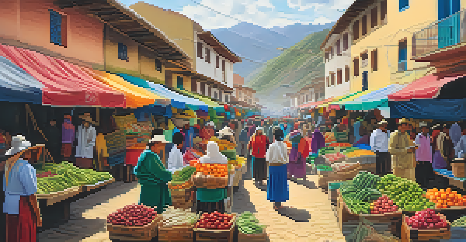 A lively Peruvian market with colorful stalls of agricultural products and local vendors interacting with customers, showcasing the vibrant culture.