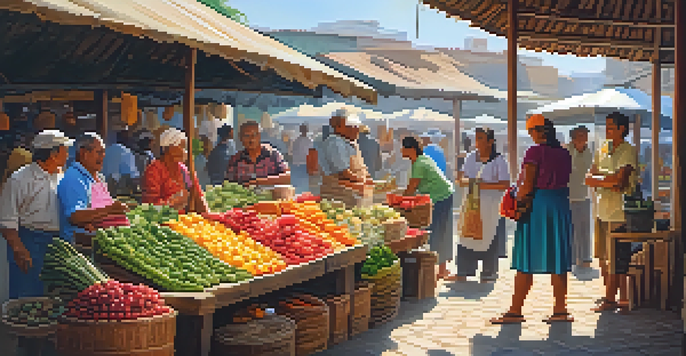 A lively local market with colorful fruits and vegetables, where locals are interacting with tourists, sharing stories and demonstrating crafts under warm sunlight.