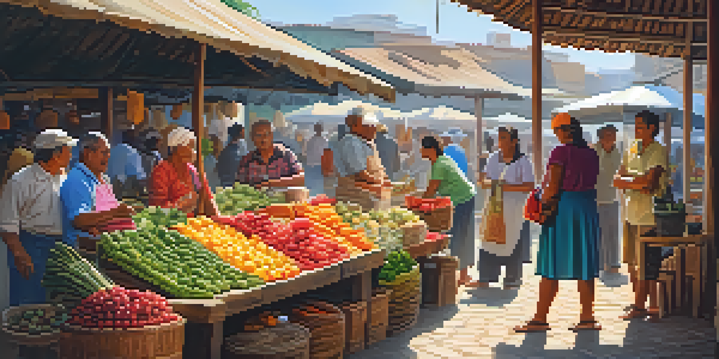 A lively local market with colorful fruits and vegetables, where locals are interacting with tourists, sharing stories and demonstrating crafts under warm sunlight.