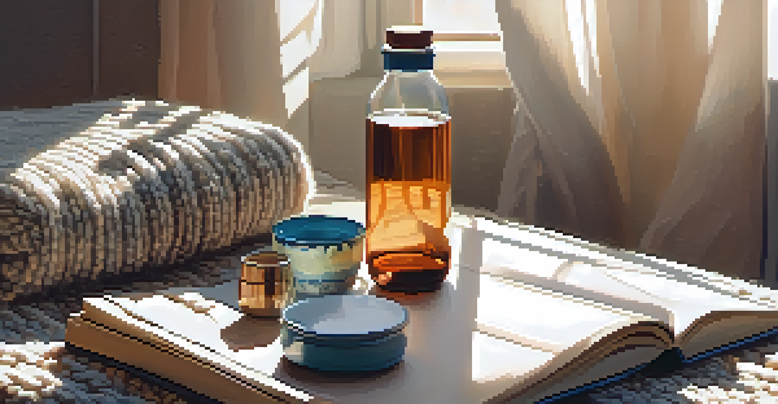 A stylish water bottle and a notebook on a knitted blanket in a cozy living room with sunlight streaming in.