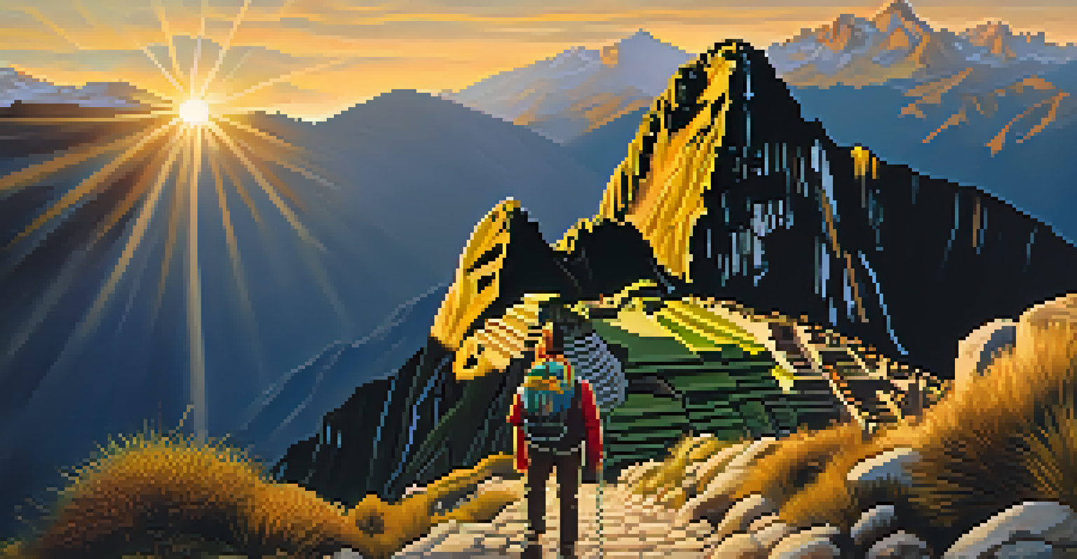 A hiker ascending Dead Woman's Pass on the Inca Trail, surrounded by stunning mountain scenery during sunset.