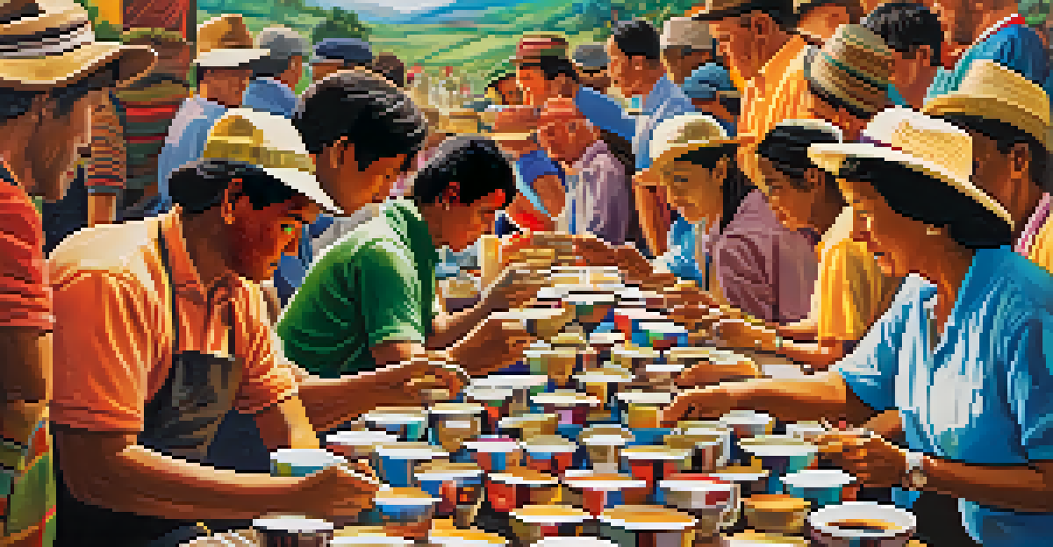 A lively coffee tasting event in Peru with participants sampling various coffee varieties and engaging with farmers.