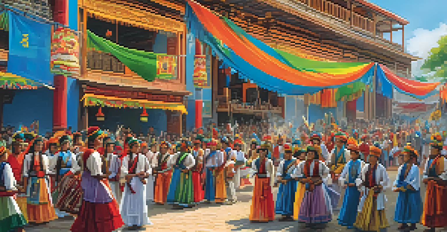 A lively cultural festival with locals performing traditional music and dance in colorful costumes.