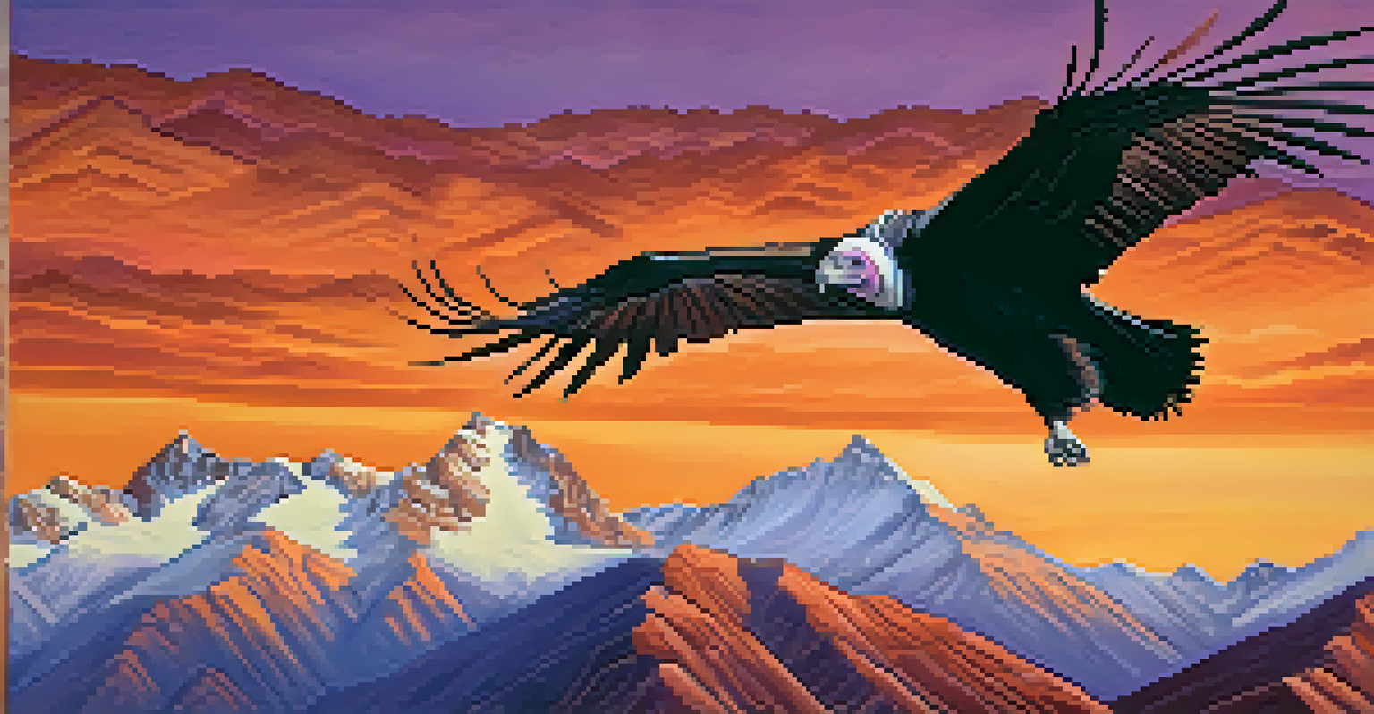 An Andean condor flying over the mountains at sunset, with vibrant orange and purple colors in the sky and green valleys below.