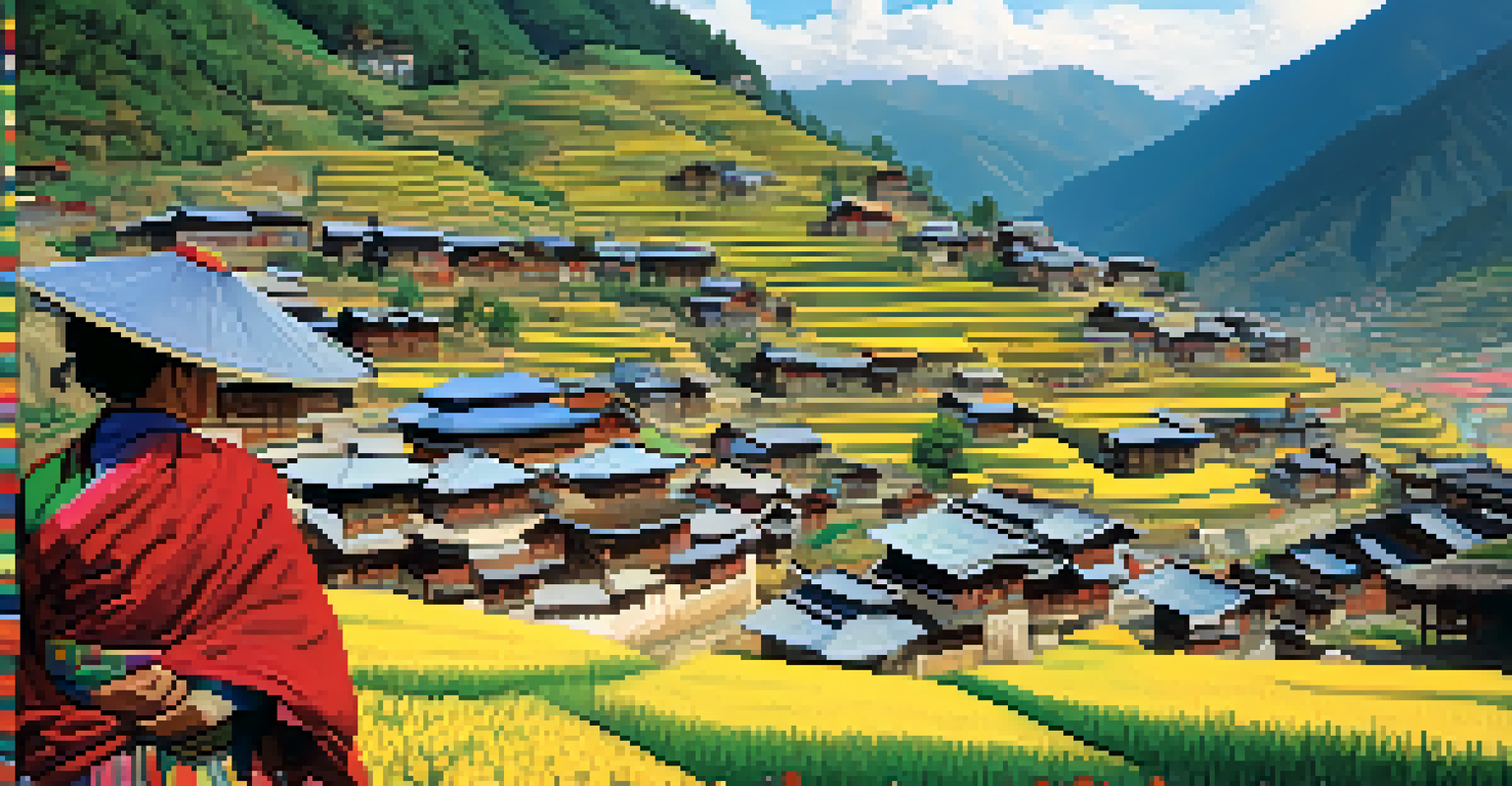 A Bhutanese village in the mountains during a cultural festival, featuring traditional houses and vibrant rice fields.