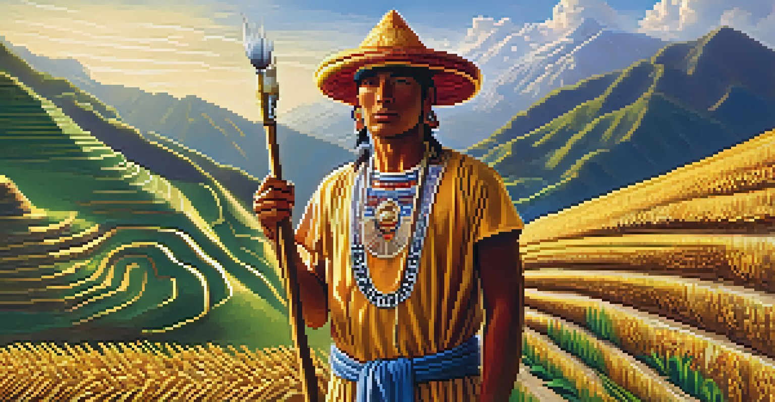 A depiction of the Inca sun god Inti illuminating farmers in a colorful agricultural landscape, highlighting Incan culture.