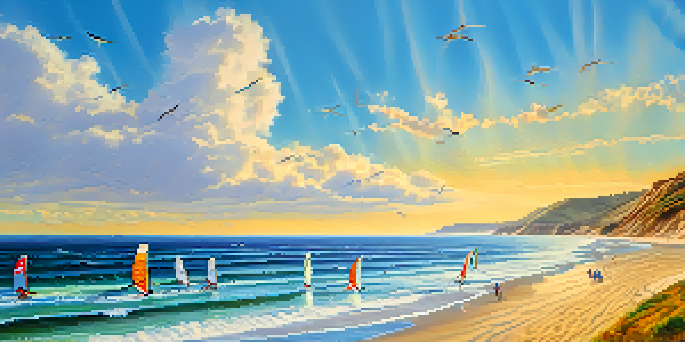 Wind surfers in Punta Hermosa riding the waves under a bright blue sky, with cliffs and a sandy beach in the background.