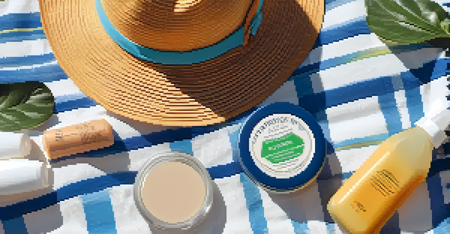 Sun protection essentials including sunscreen, lip balm, a lightweight scarf, and a wide-brimmed hat on a picnic blanket in a sunny outdoor setting.