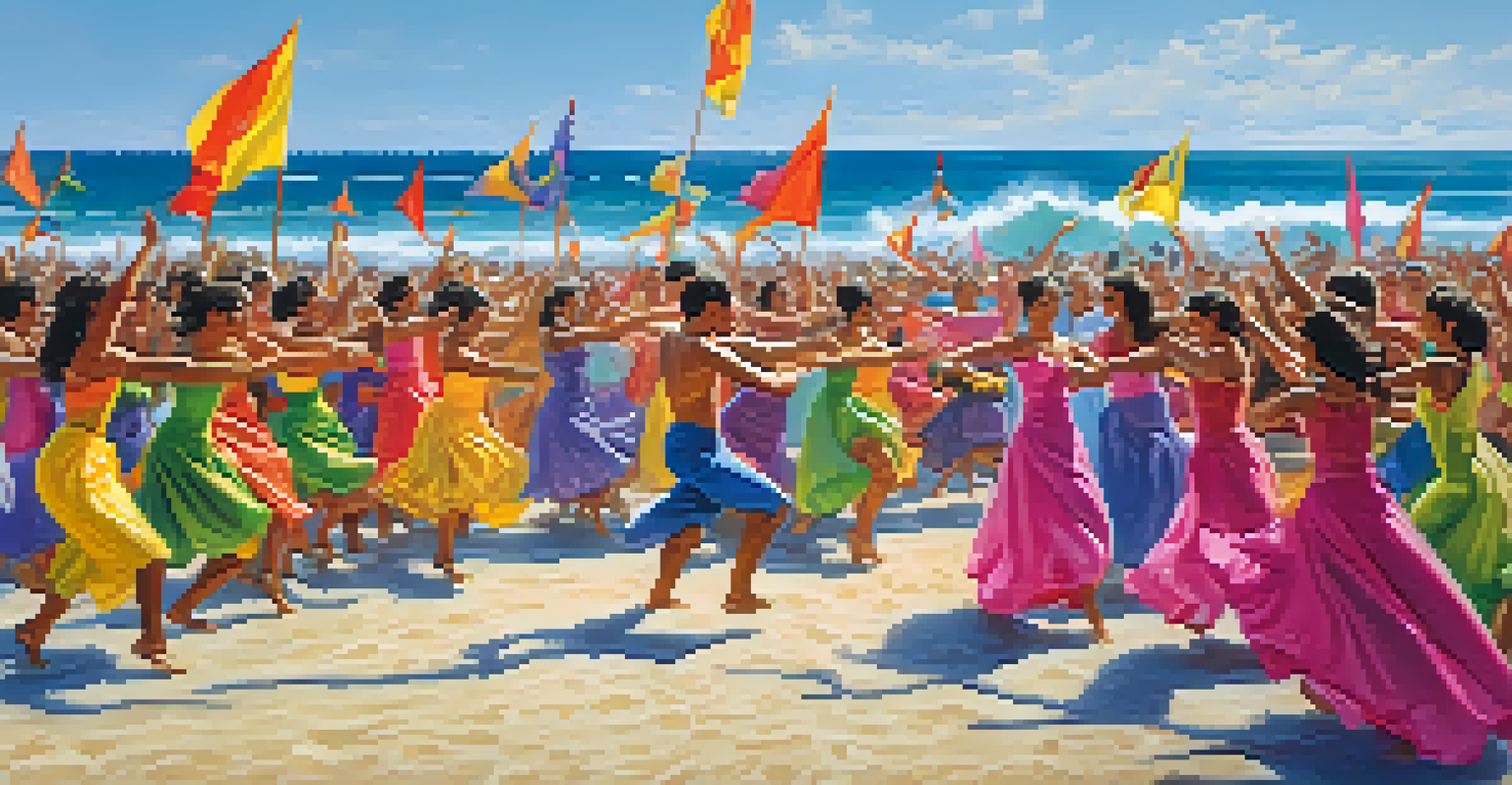 Dancers in vibrant costumes joyfully performing the Tondero dance on a beach, surrounded by waves and a cheering crowd, encapsulating the playful spirit of coastal celebrations.
