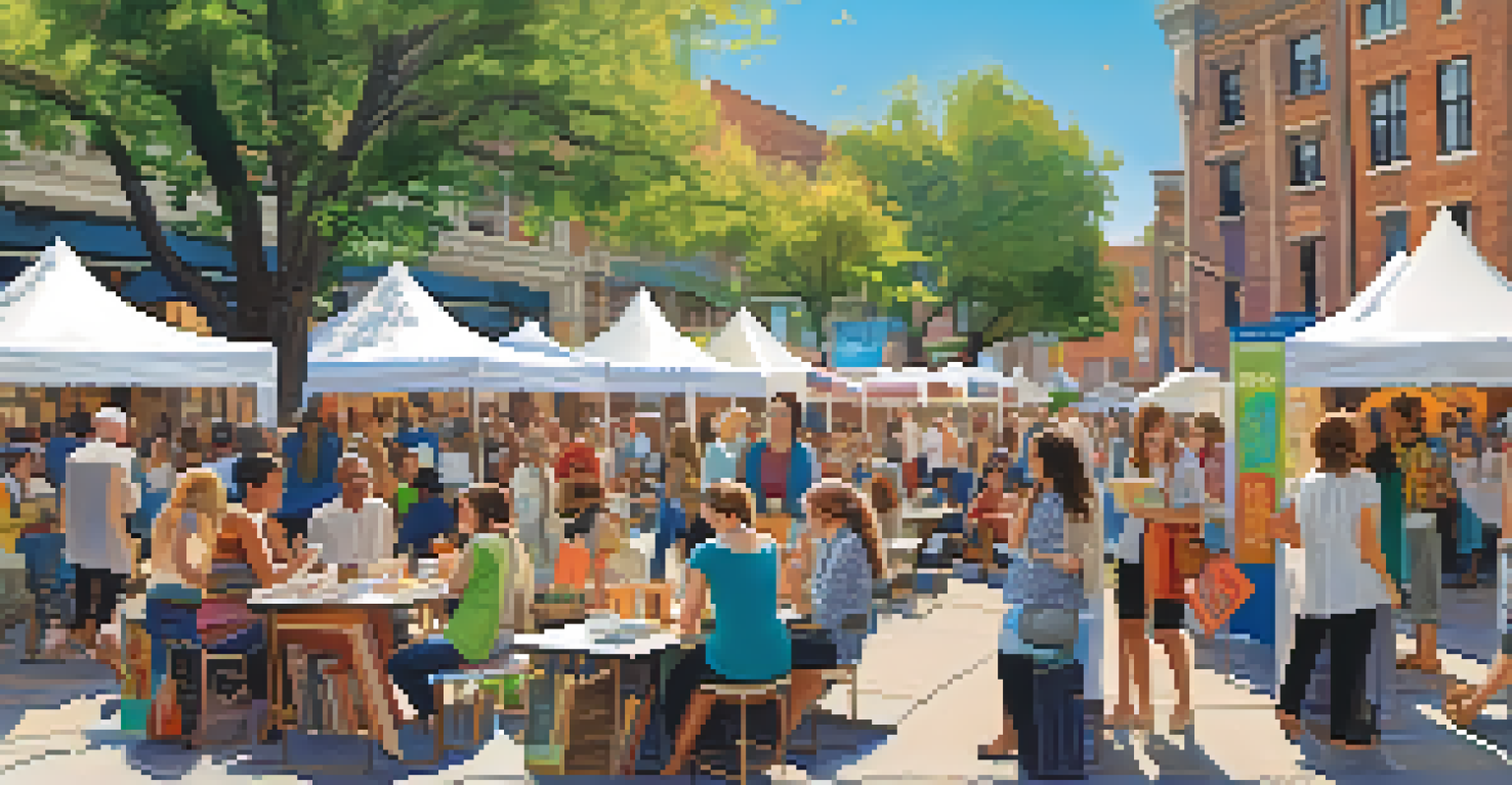 A lively outdoor literary festival with women authors engaging with readers, surrounded by colorful banners and joyful attendees.
