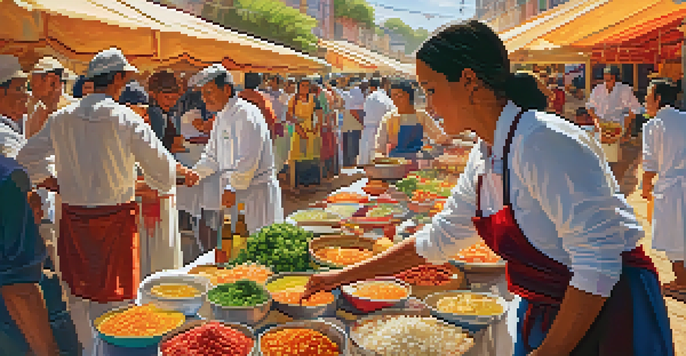 A lively marketplace at Peru's gastronomy festival with chefs preparing traditional dishes, surrounded by colorful ingredients and people enjoying the atmosphere.