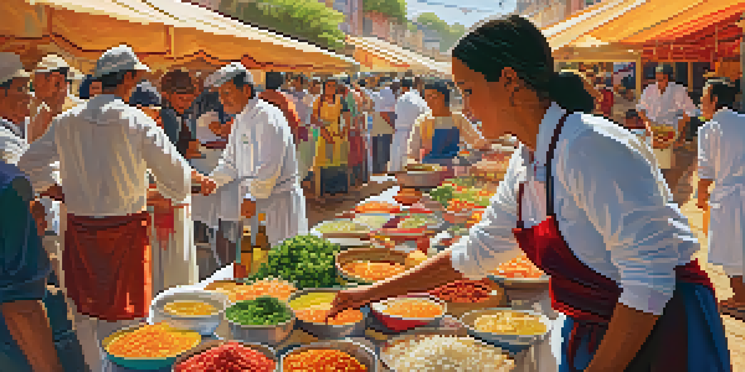 A lively marketplace at Peru's gastronomy festival with chefs preparing traditional dishes, surrounded by colorful ingredients and people enjoying the atmosphere.