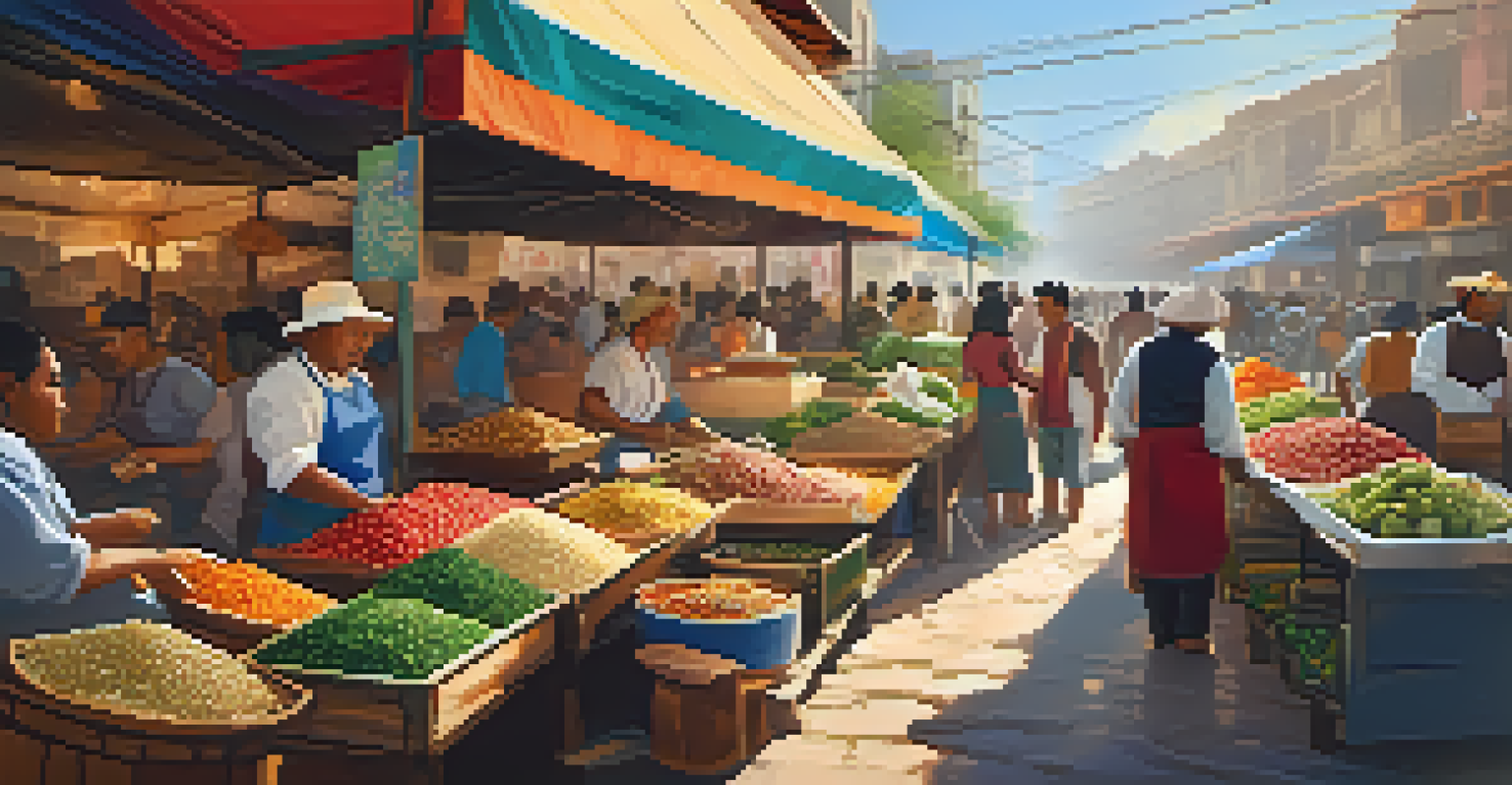 A vibrant street food market in Peru with colorful stalls, fresh produce, and local chefs preparing traditional dishes.