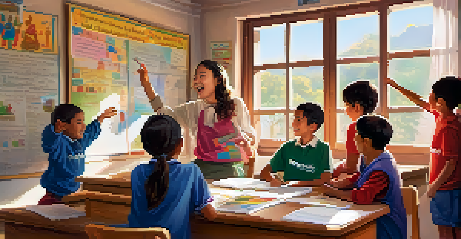 A volunteer teaching English to local children in a bright classroom in Peru, with colorful educational posters on the walls and sunlight streaming through the windows.