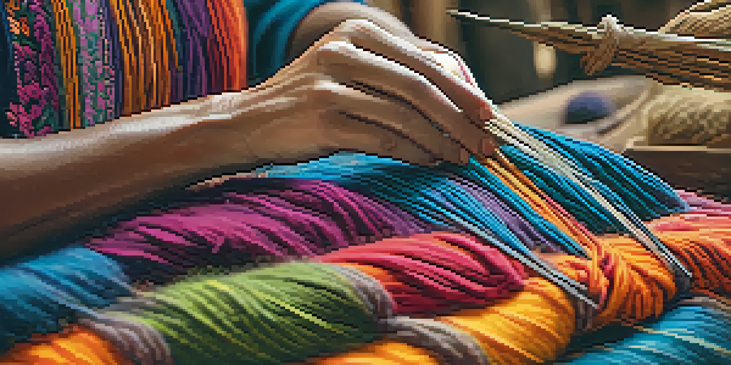 A close-up of an artisan's hands weaving colorful alpaca wool into a textile, with natural dyes and a rustic workshop in the background.