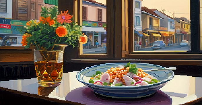 A single dining table in a Peruvian restaurant with a plate of ceviche and local flowers.