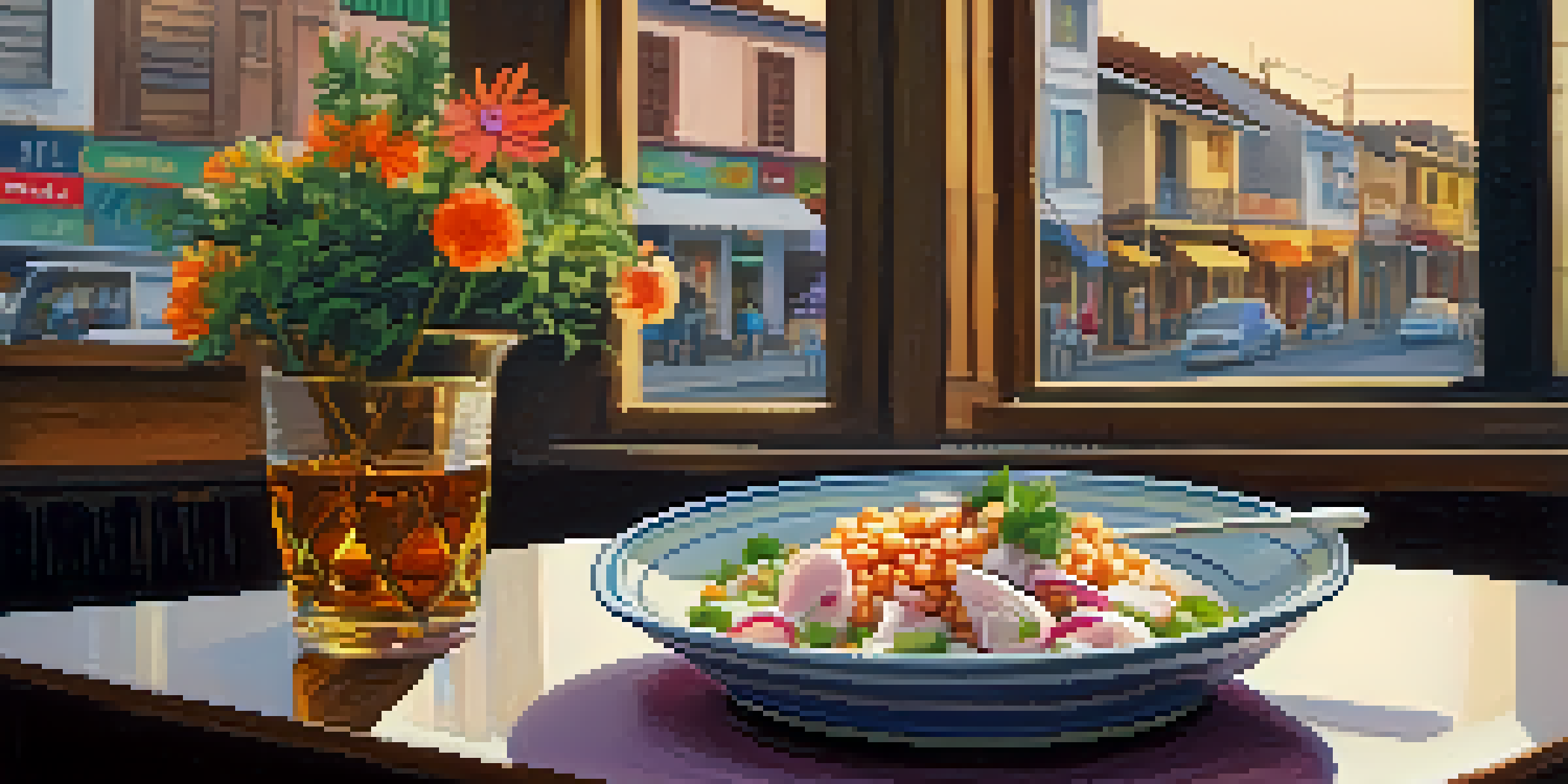 A single dining table in a Peruvian restaurant with a plate of ceviche and local flowers.