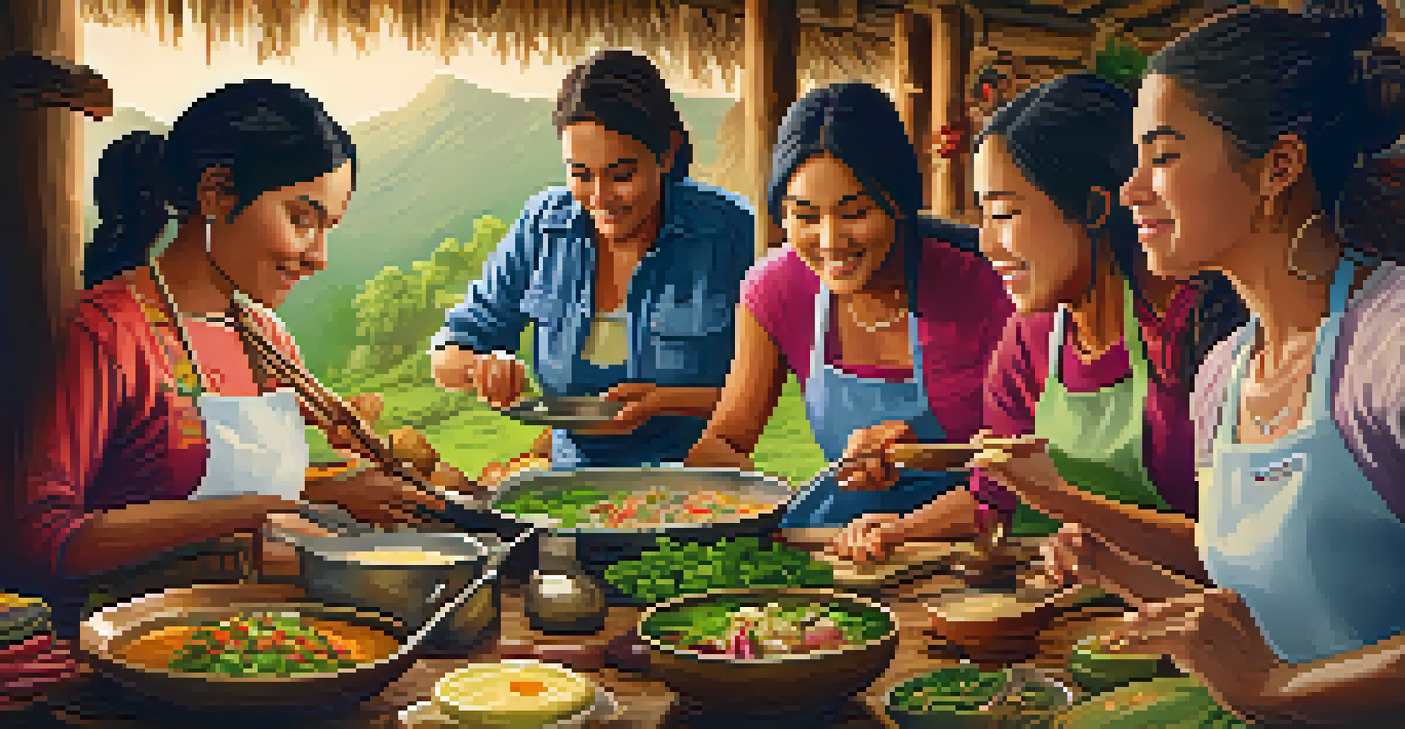 Travelers engaged in a cooking class at an eco-lodge, learning to make traditional Peruvian dishes with fresh ingredients on a wooden table.
