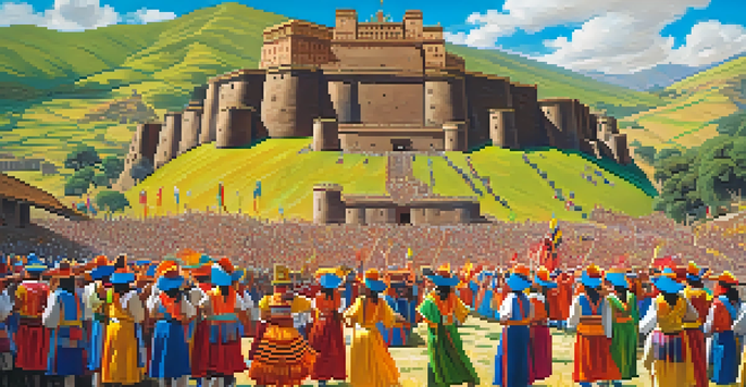 Participants in colorful traditional costumes dancing at the Inti Raymi festival in Cusco, Peru, with the Sacsayhuamán fortress in the background.