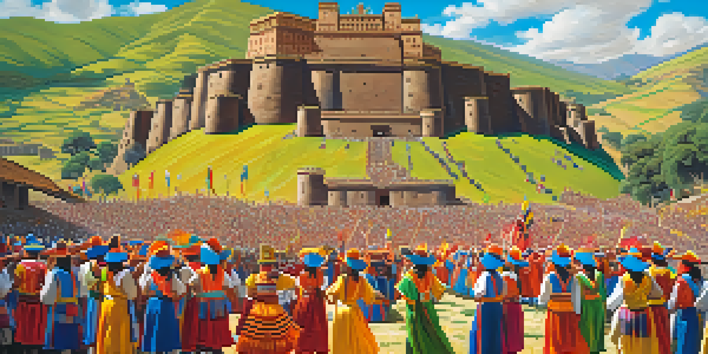 Participants in colorful traditional costumes dancing at the Inti Raymi festival in Cusco, Peru, with the Sacsayhuamán fortress in the background.