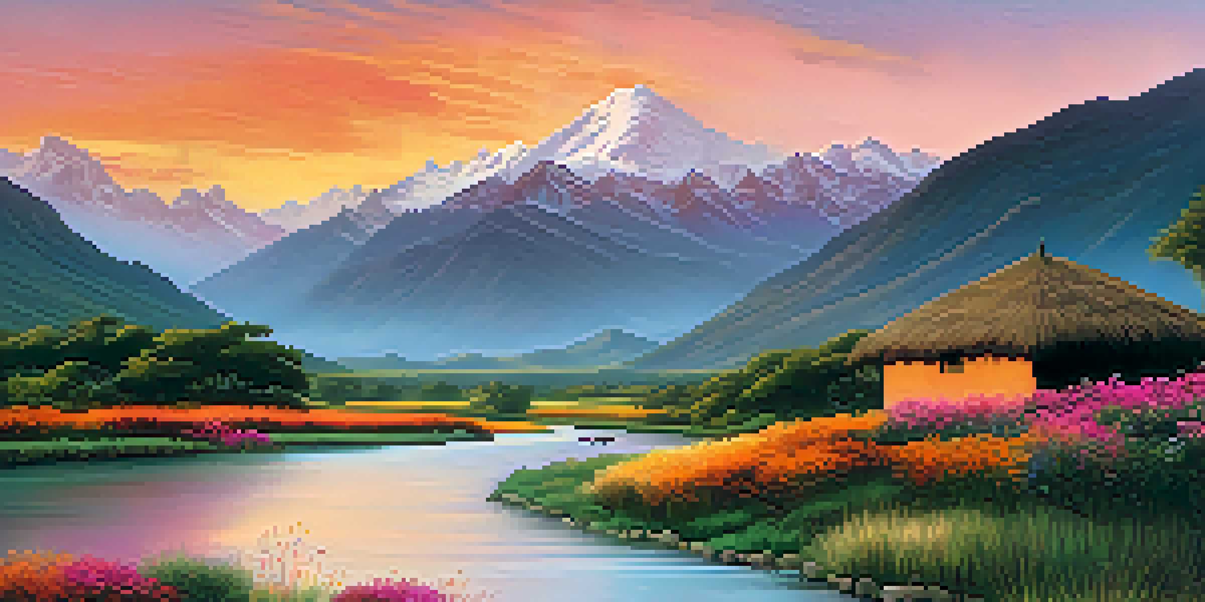 A picturesque Andean landscape at sunrise featuring mountains, a flowing river, and a traditional hut.