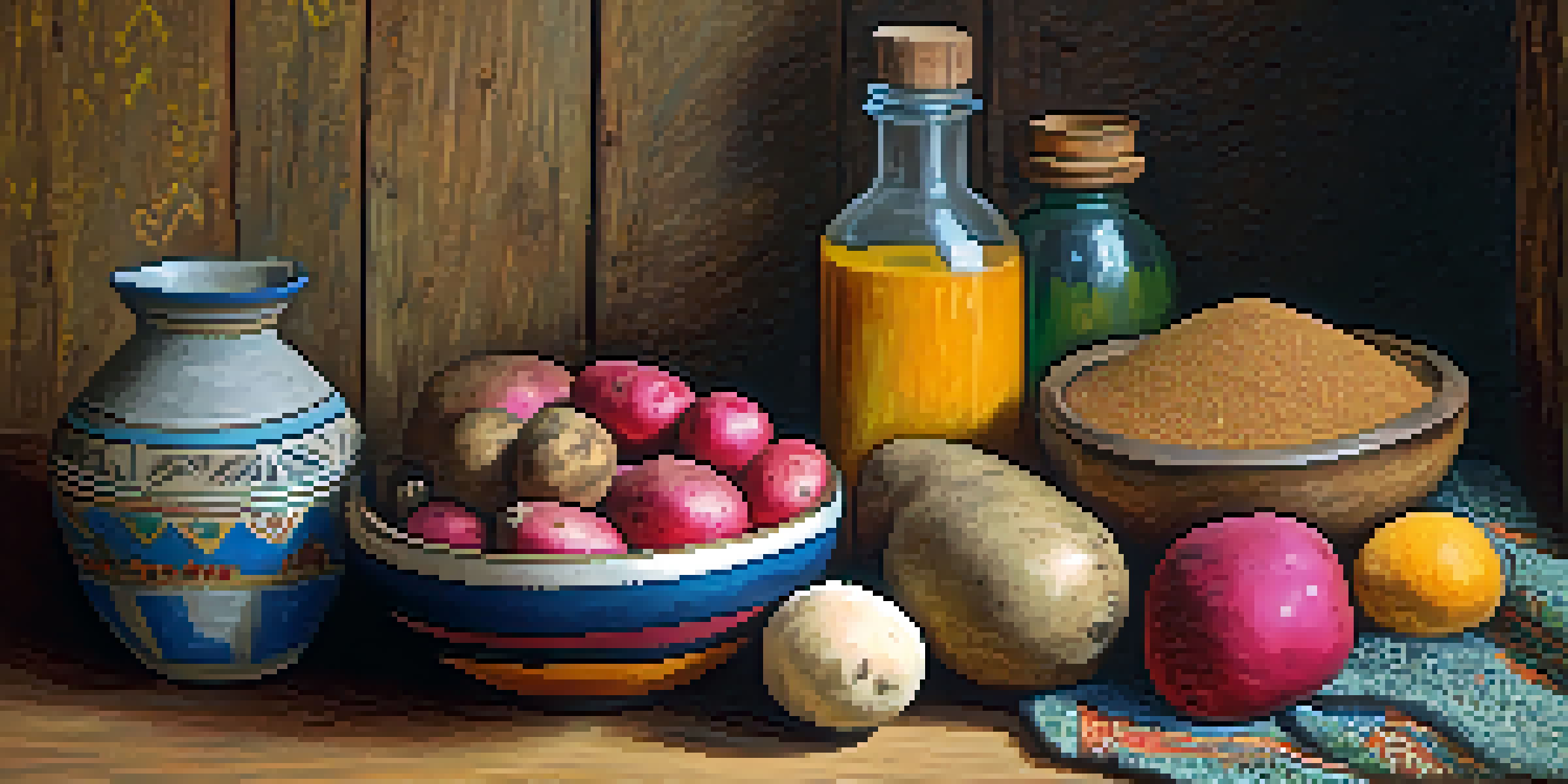 A still life of colorful Andean ingredients including potatoes, quinoa, and maca root, displayed on a wooden table with soft natural lighting and traditional textiles in the background.