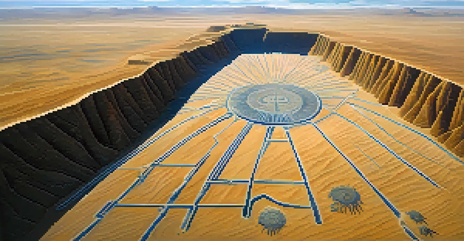An aerial perspective of the Nazca Lines, revealing intricate geoglyphs in the desert landscape.
