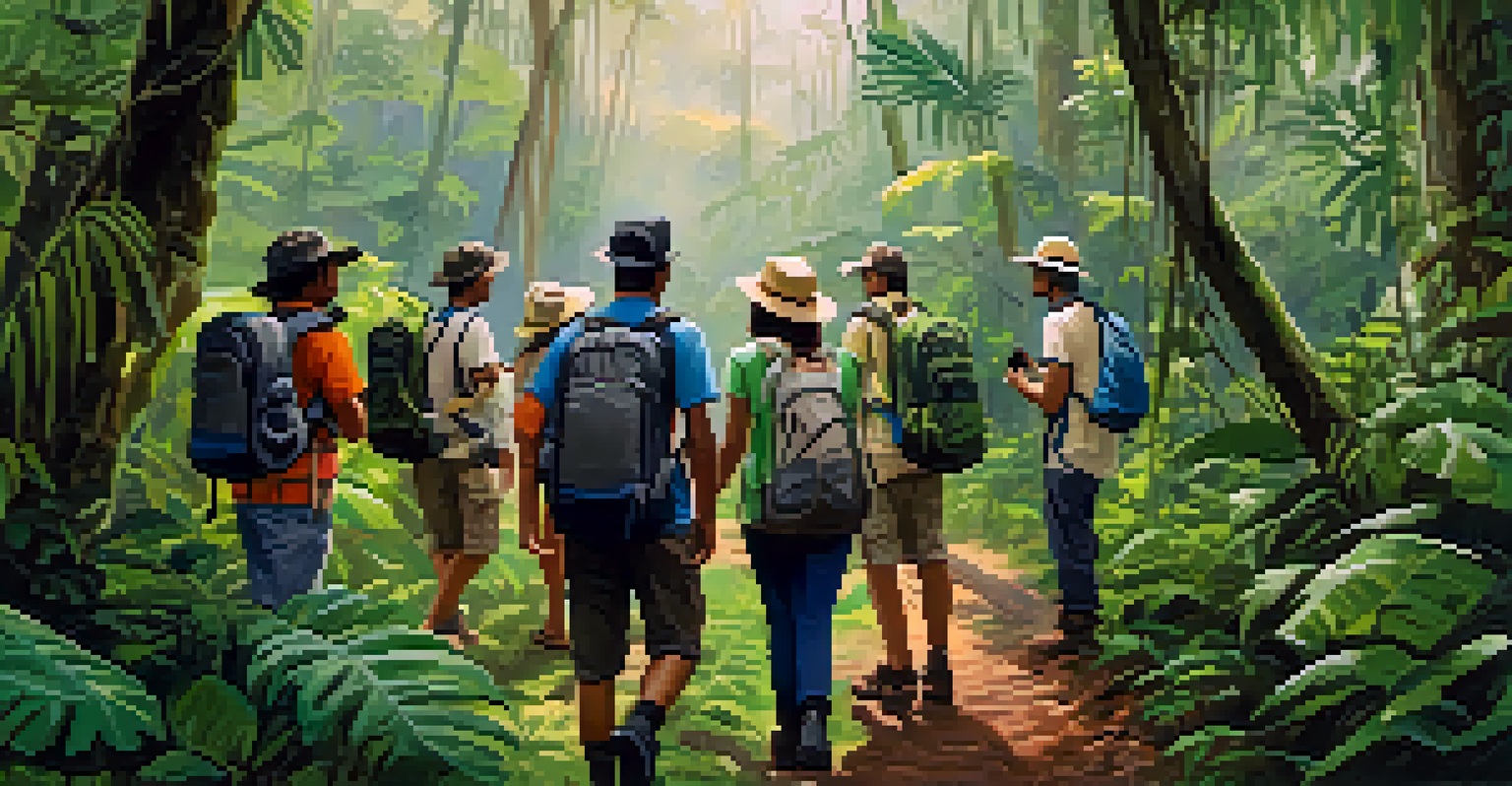 Eco-conscious travelers on a guided nature walk in the Amazon rainforest, surrounded by lush greenery.