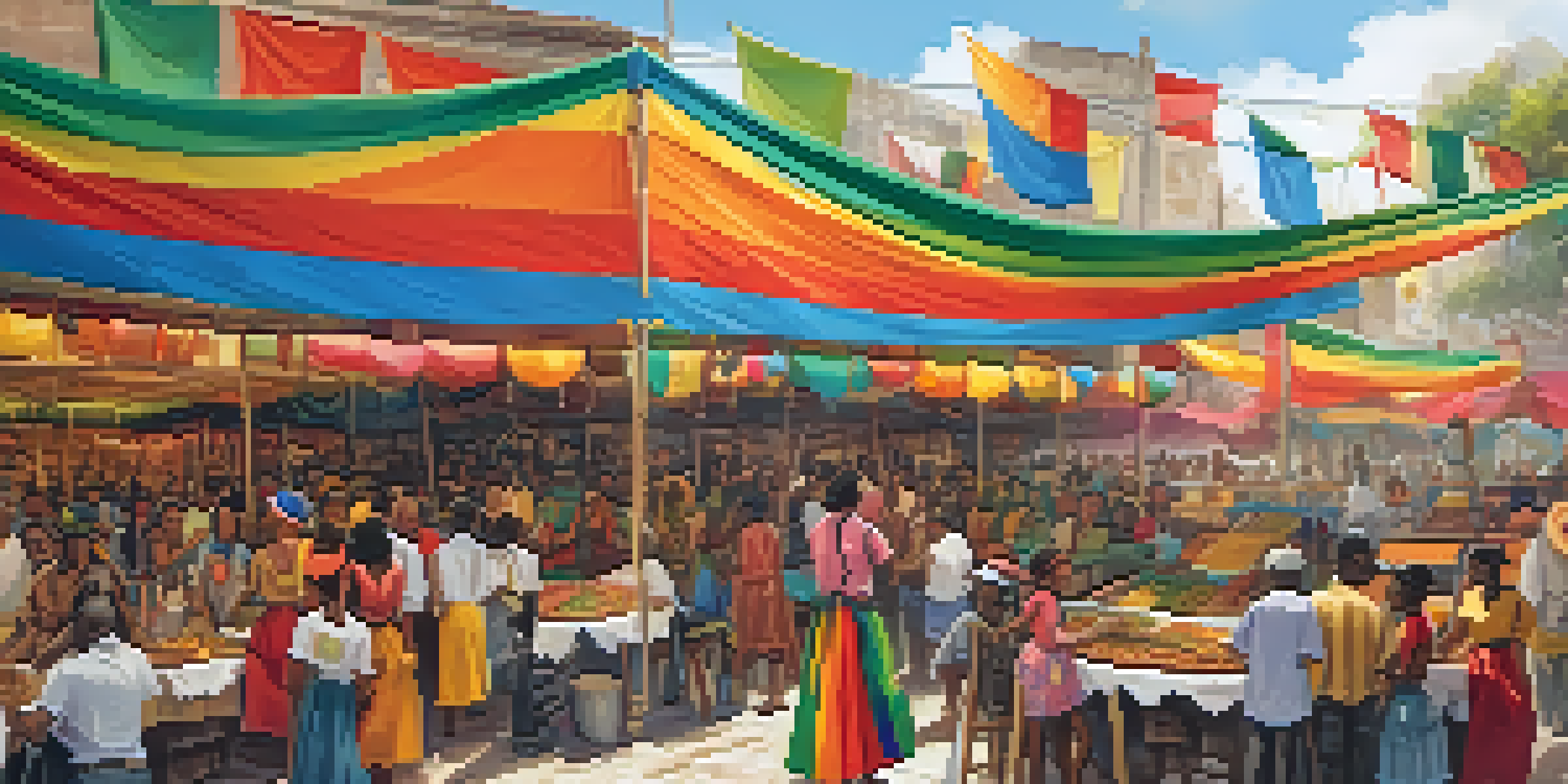 A lively street festival in Peru celebrating African heritage with colorful decorations, dancers in traditional attire, and food stalls offering traditional dishes.