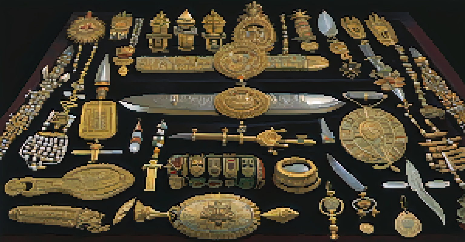 A collection of ancient treasures from the Tomb of the Lord of Sipán, including ceremonial knives and jewelry, displayed on a velvet cloth.