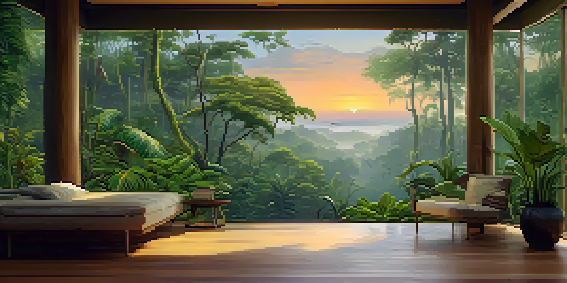 A scenic view of the Amazon rainforest at sunrise, featuring mist, vibrant green trees, and a toucan on a branch.