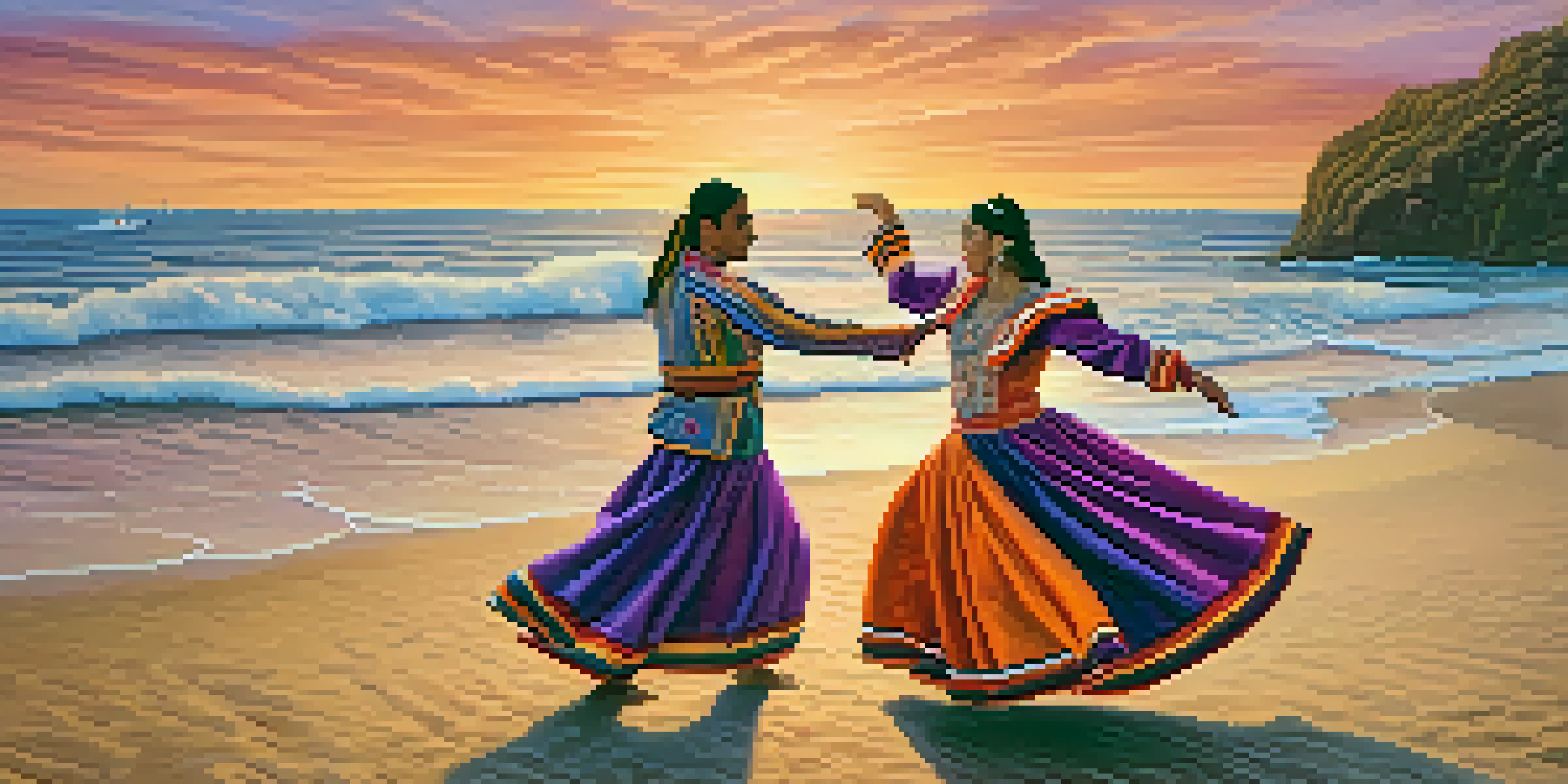 A couple performing the Marinera dance on a beach at sunset, wearing colorful traditional Peruvian attire with the ocean in the background.