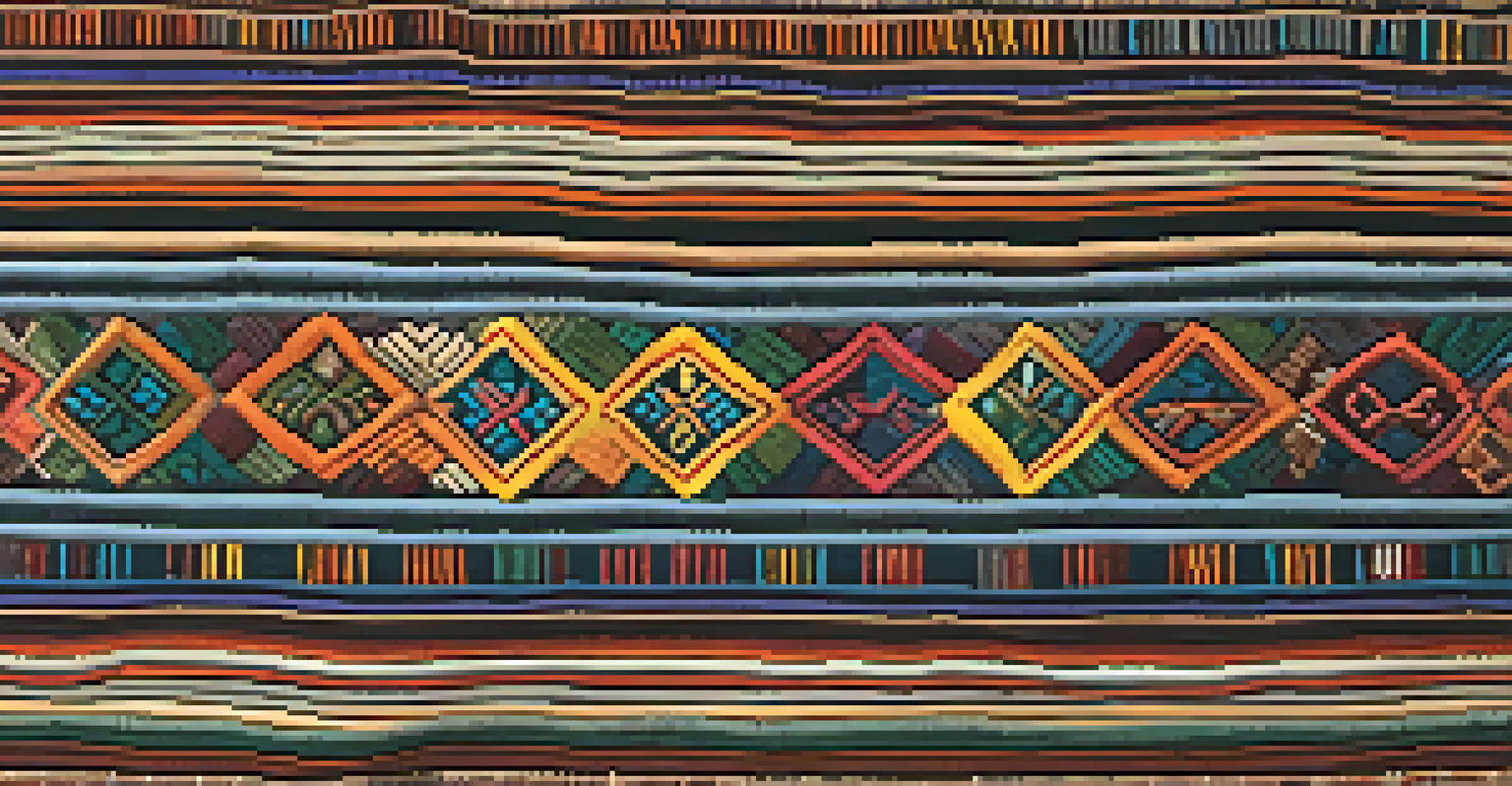 Close-up of a colorful Peruvian textile with intricate symbols and patterns, showcasing the craftsmanship and vibrant colors from natural dyes.