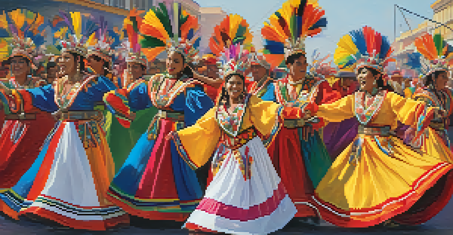 Traditional dancers performing at Peru's Carnival in colorful costumes, surrounded by a cheering crowd and festive decorations.