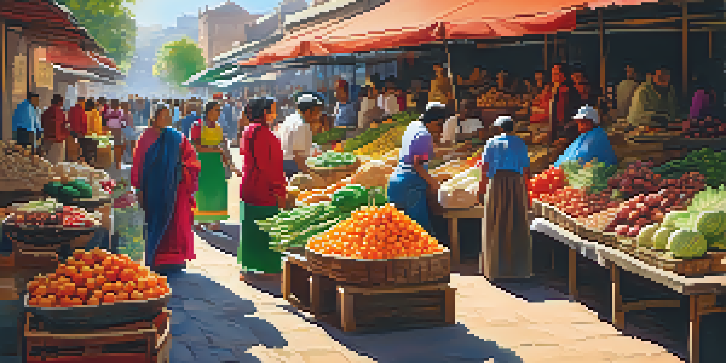A vibrant local market with fresh produce, colorful textiles, and smiling vendors under warm sunlight.