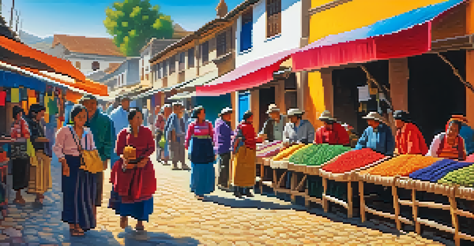 A lively market scene in a Peruvian village, with artisans selling colorful handmade crafts and textiles under sunlight filtering through awnings.