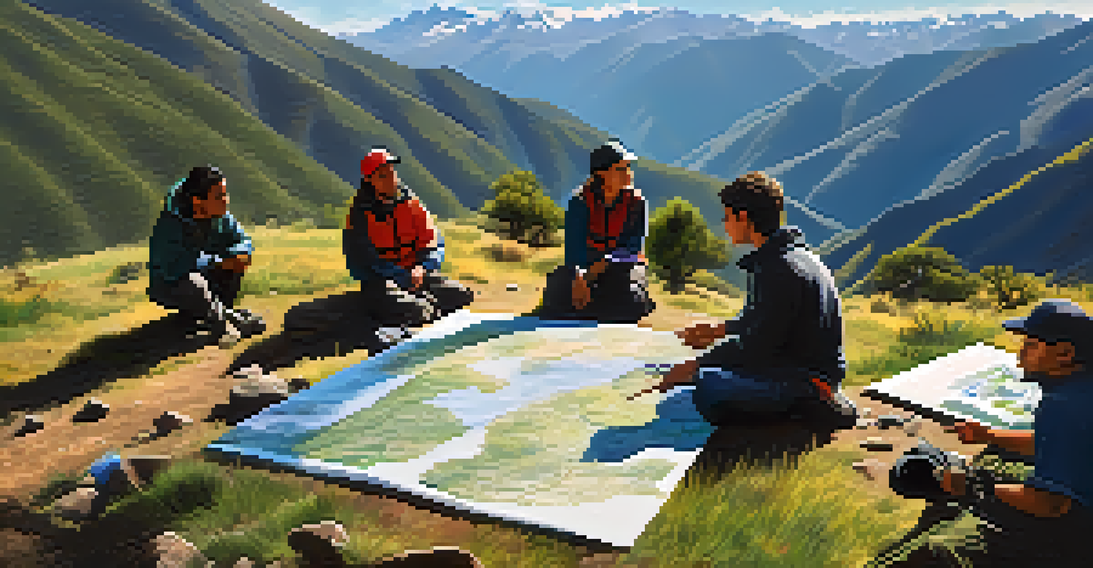Climbers attending a workshop on Leave No Trace principles in the Peruvian Andes, with scenic mountain views.