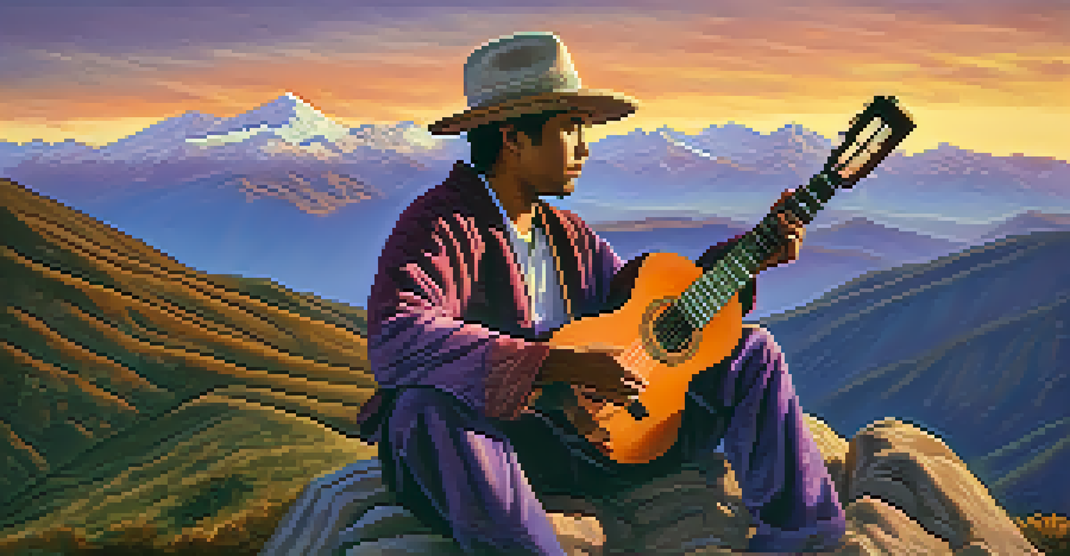 A musician playing a charango on a mountain peak at sunset, with the Andes mountains in the background and a colorful sky.
