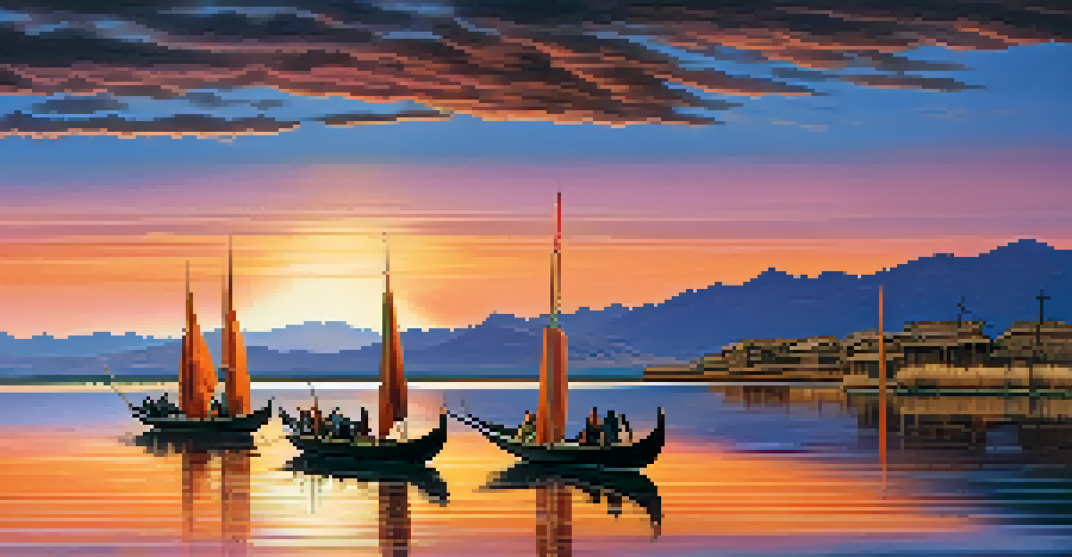 A serene sunset over Lake Titicaca, with reflective waters, reed boats, and silhouetted Andes mountains in the background.