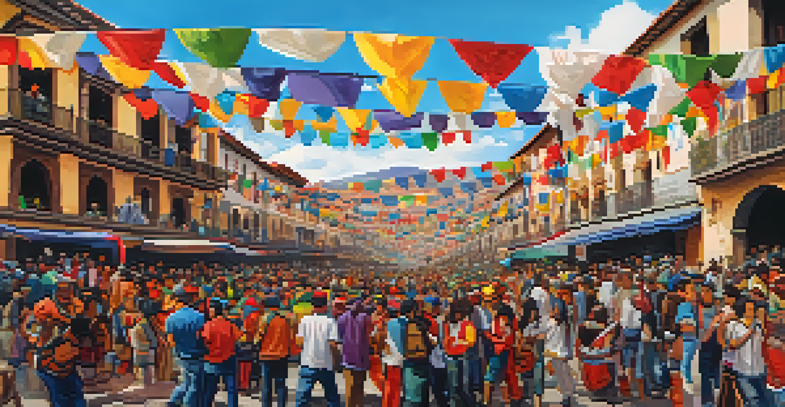 A bustling street art festival in Cusco with artists working on a mural and attendees participating in workshops and enjoying live music.