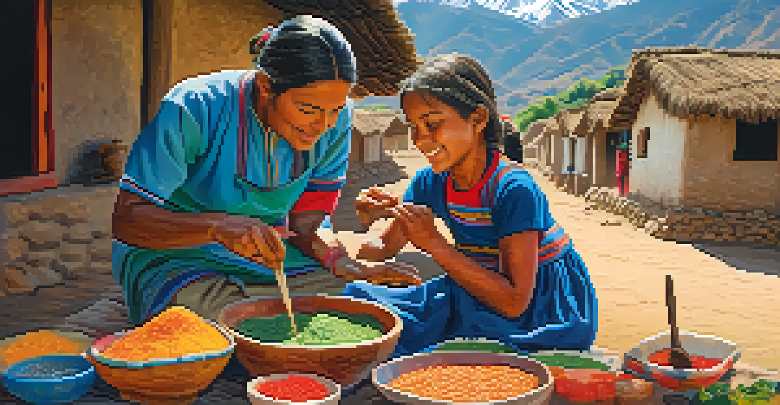 A volunteer and a local child cooking together in a Peruvian village, with traditional ingredients and scenic mountains in the background.