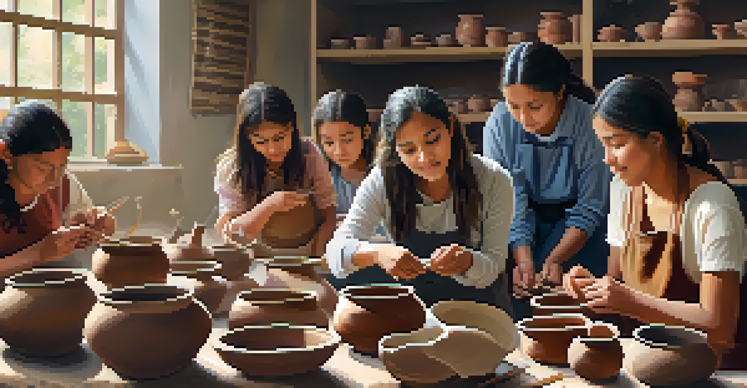 A diverse group of women participating in an art workshop, learning traditional pottery techniques in a well-lit classroom.