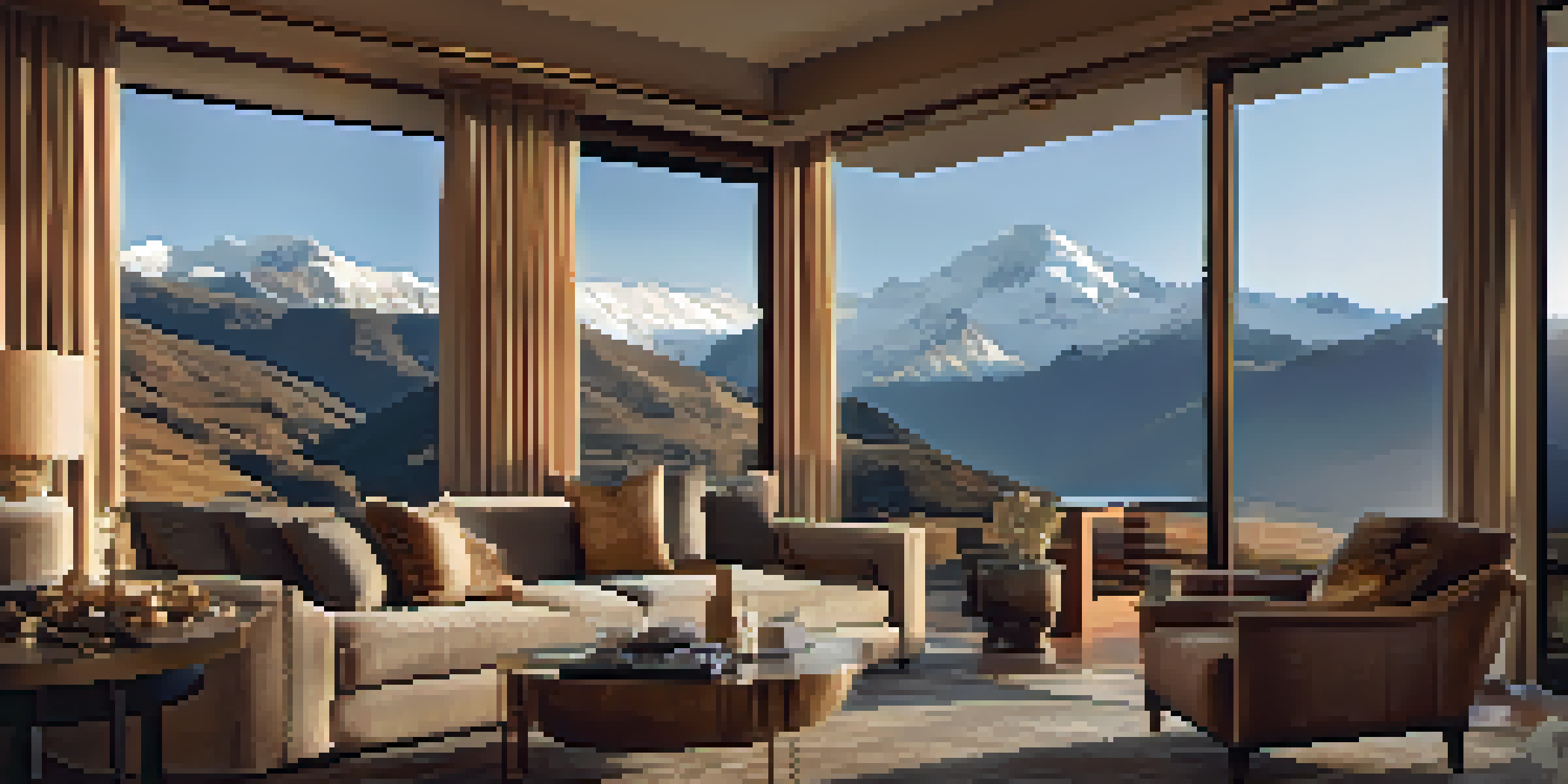 A luxurious hotel suite with plush furnishings and a view of the Andes mountains at sunset.