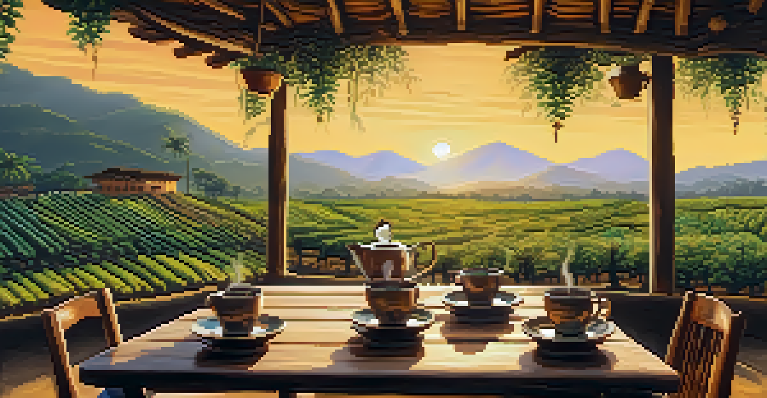 A rustic coffee tasting area on a Peruvian farm, featuring traditional ceramic cups of coffee and local delicacies, with a sunset in the background.