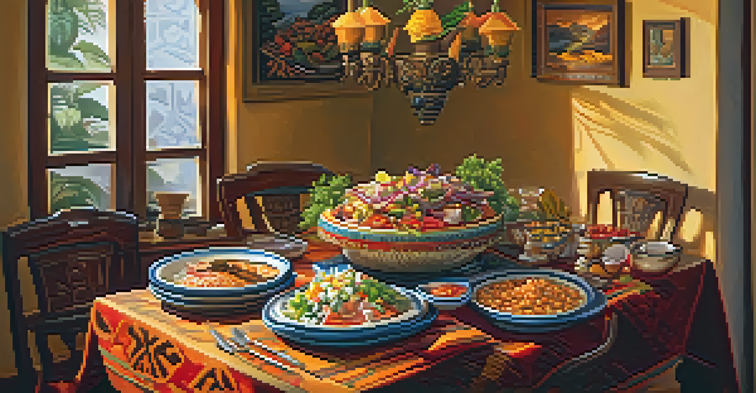 A dining table in a Peruvian home, decorated with traditional items and featuring local dishes, with warm lighting and a small gift on the table.
