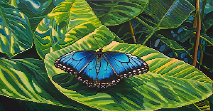 A Morpho butterfly with bright blue wings resting on a green leaf in the rainforest, illuminated by sunlight.