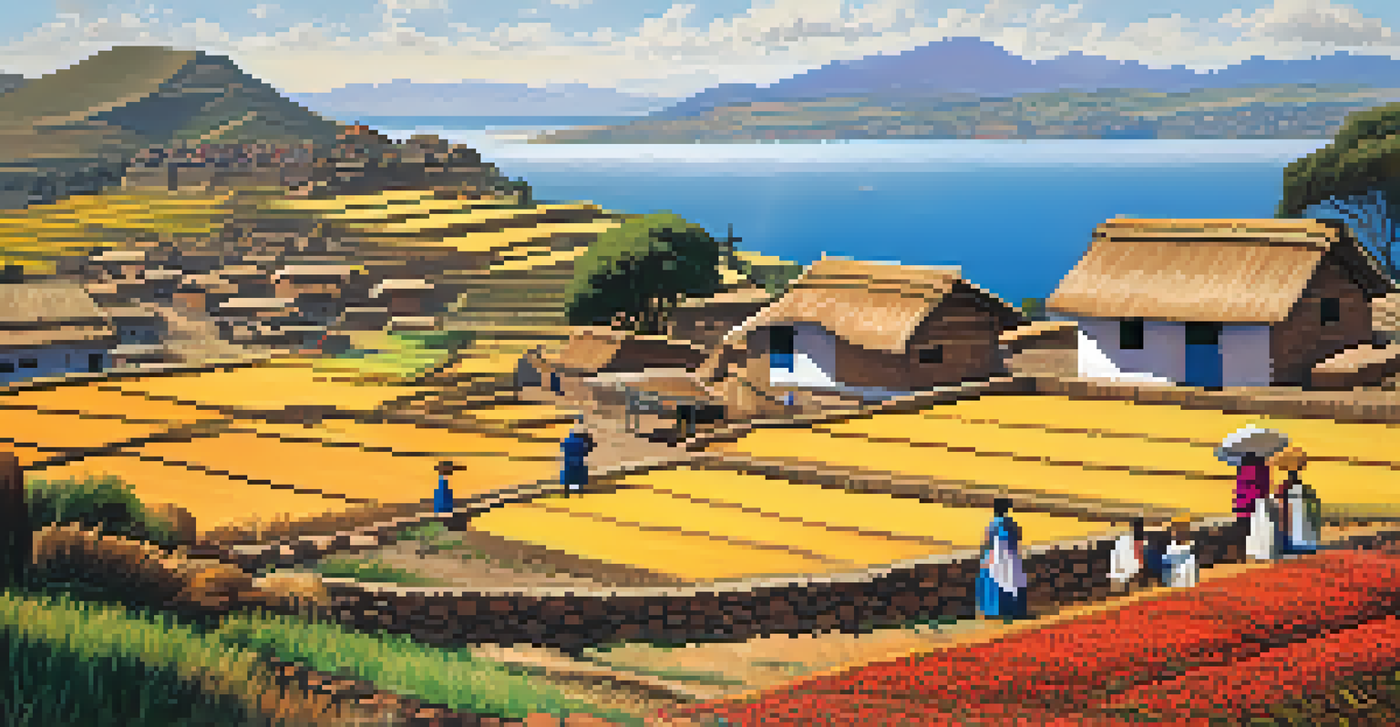 Traditional homestay scene on Amantani Island with terraced fields and Lake Titicaca in the background.