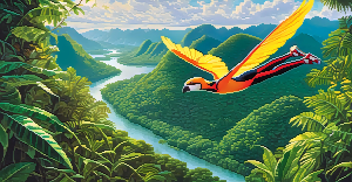 A zip liner gliding through the Amazon rainforest, surrounded by green trees and distant mountains, with sunlight filtering through the foliage.