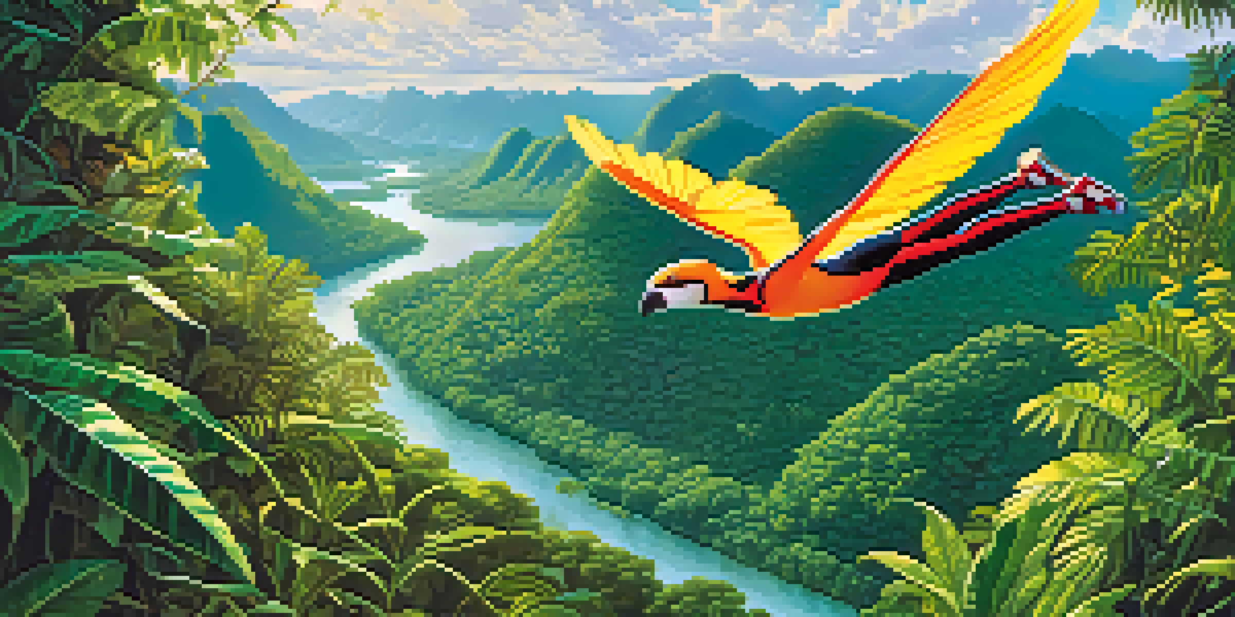 A zip liner gliding through the Amazon rainforest, surrounded by green trees and distant mountains, with sunlight filtering through the foliage.